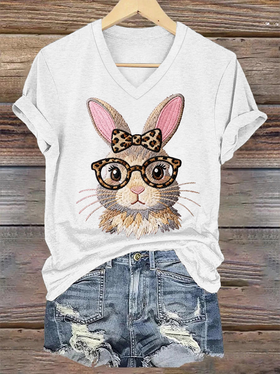 Women's Cute Bunny Print Easter Casual V-Neck Tee
