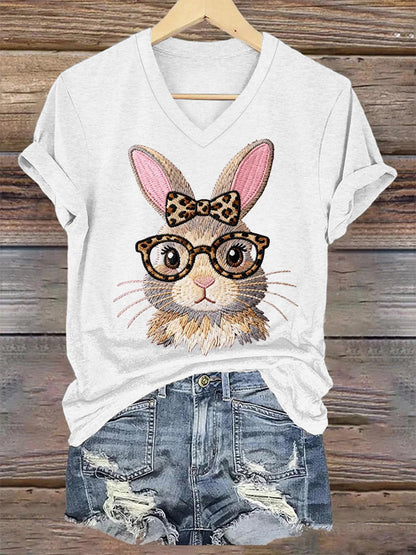 Women's Cute Bunny Print Easter Casual V-Neck Tee