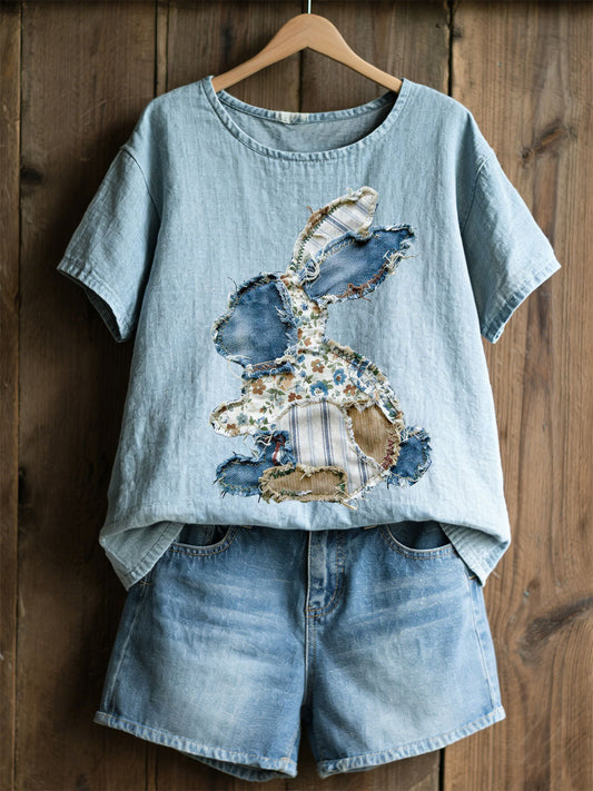 Women's Rabbit Patchwork Art Print Casual Top