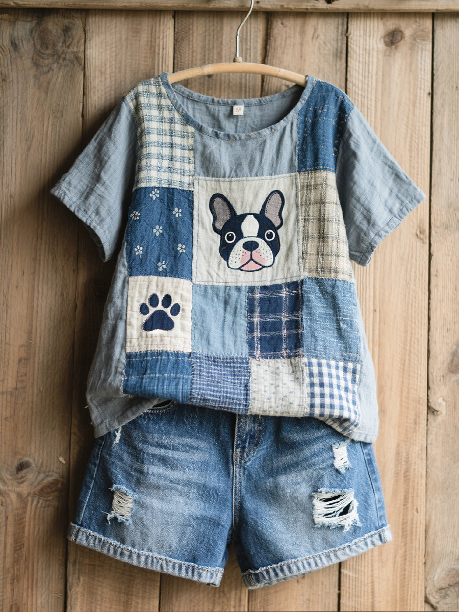 Women's Lovely French Bulldog Pattern Patchwork Art Linen Shirt