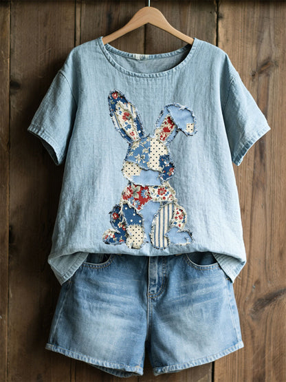 Women's Rabbit Patchwork Art Print Casual Top