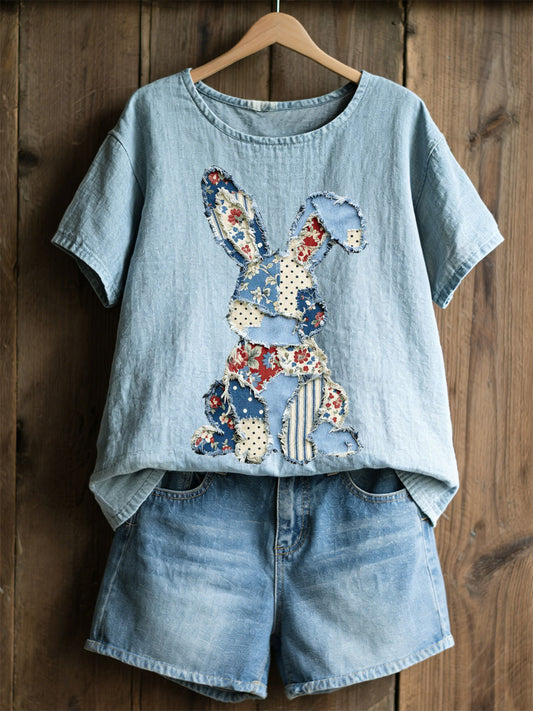 Women's Rabbit Patchwork Art Print Casual Top