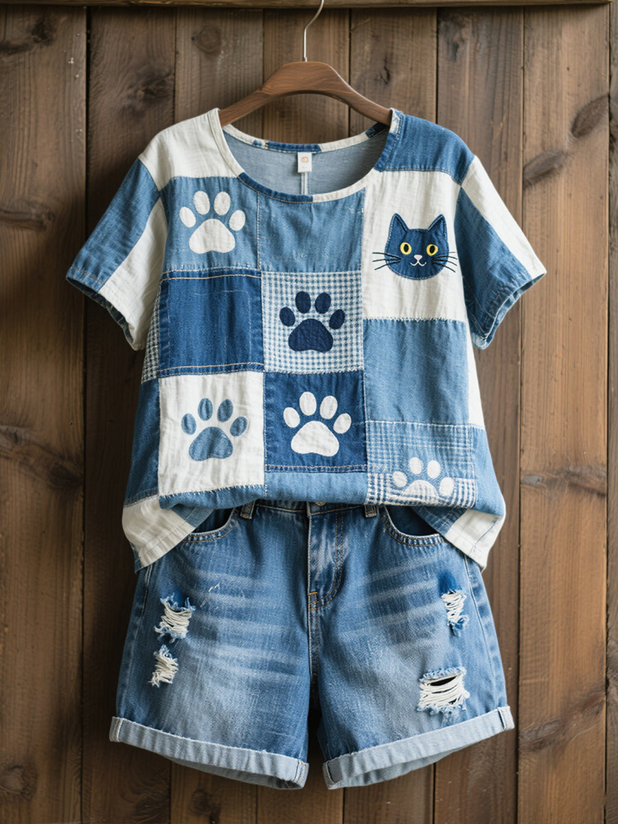 Women's Lovely Cat Pattern Patchwork Art Linen Shirt