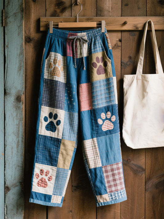 Women's Lovely Animal Paw Pattern Patchwork Art Linen Pants