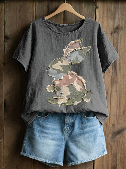 Women's Rabbit Patchwork Art Print Casual Top