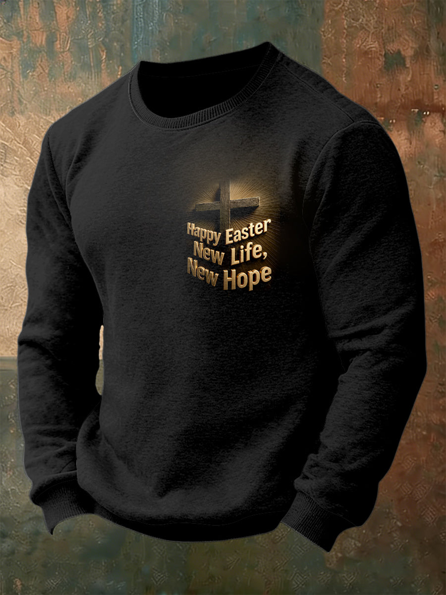 Men's Black Easter Cross Text Design Printed Casual Long-Sleeved T-Shirt