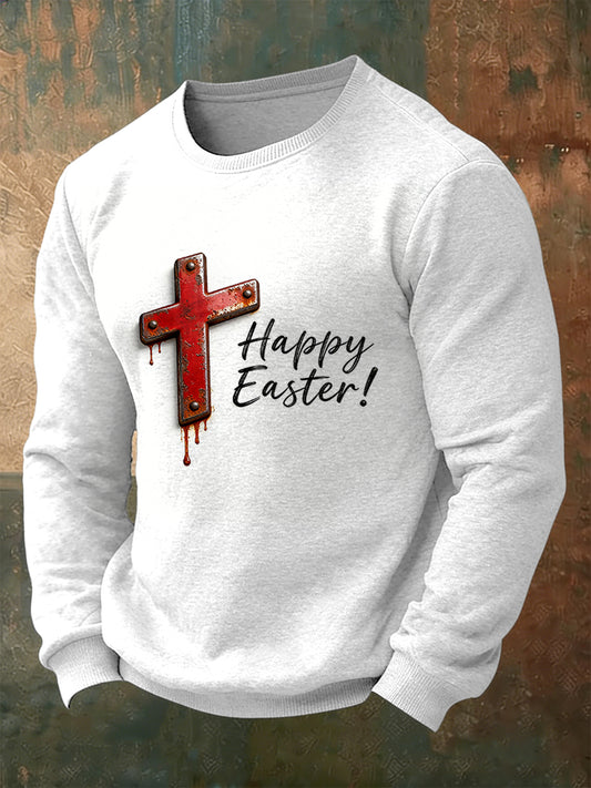 Men's White Easter Cross Print Minimalist Long-Sleeved T-Shirt