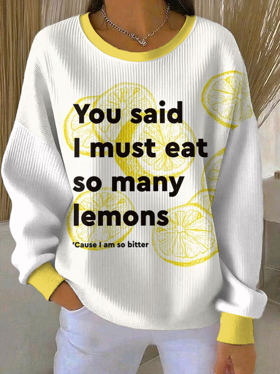 Women's Lemon Roses Music Lover Printed Ribbed Round-Neck Sweatshirt