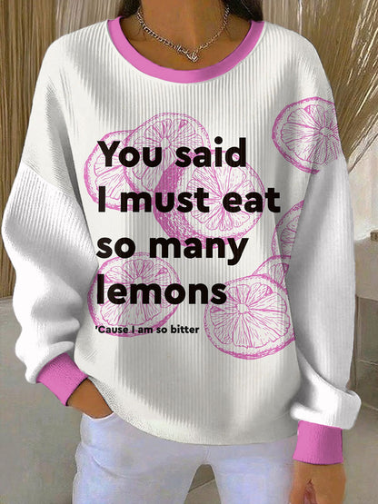 Women's Lemon Roses Music Lover Printed Ribbed Round-Neck Sweatshirt