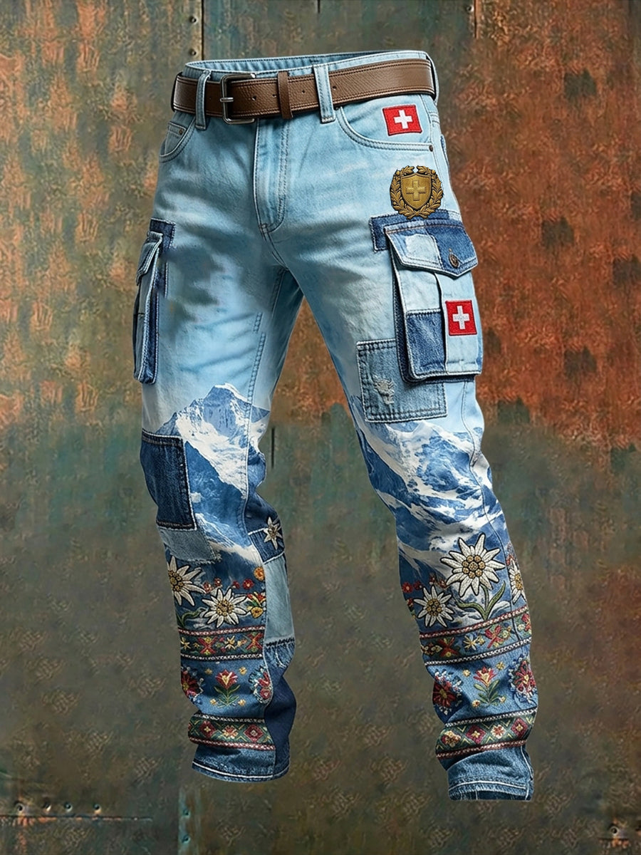 Men's Cargo Pants With Landscape And Floral Prints
