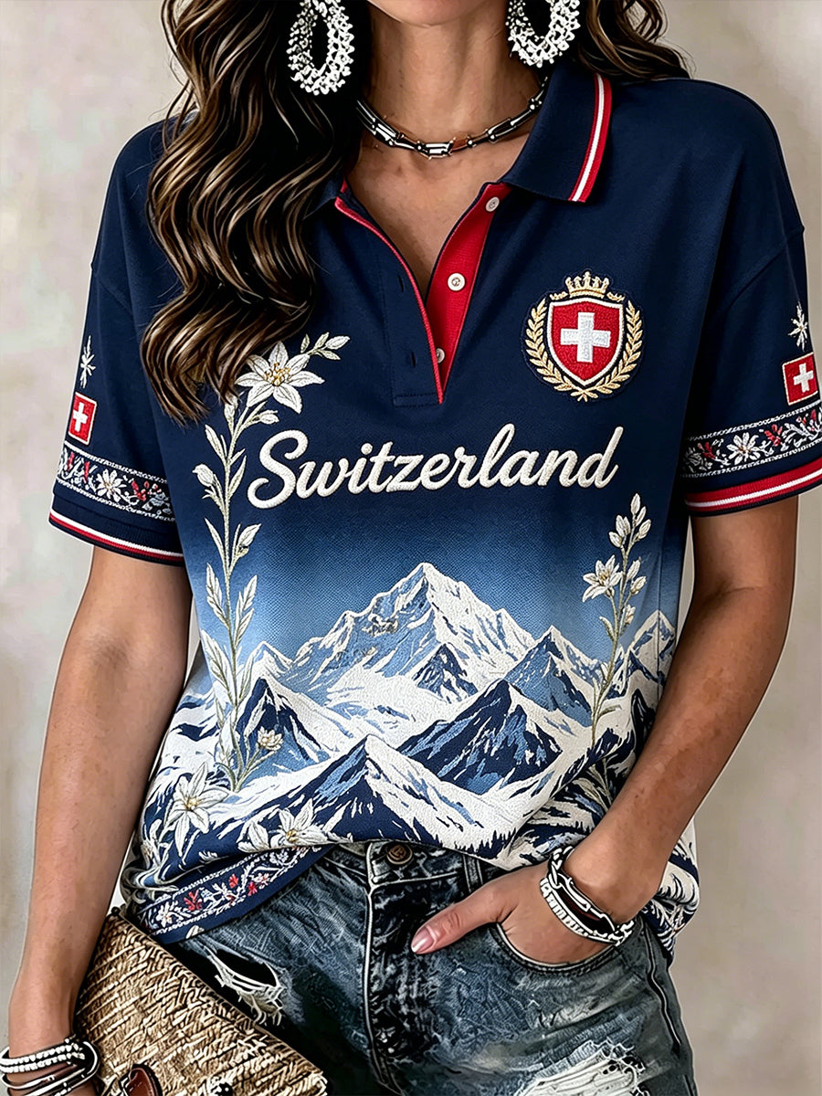 Women's Short-Sleeve Polo With Mountain And Floral Print