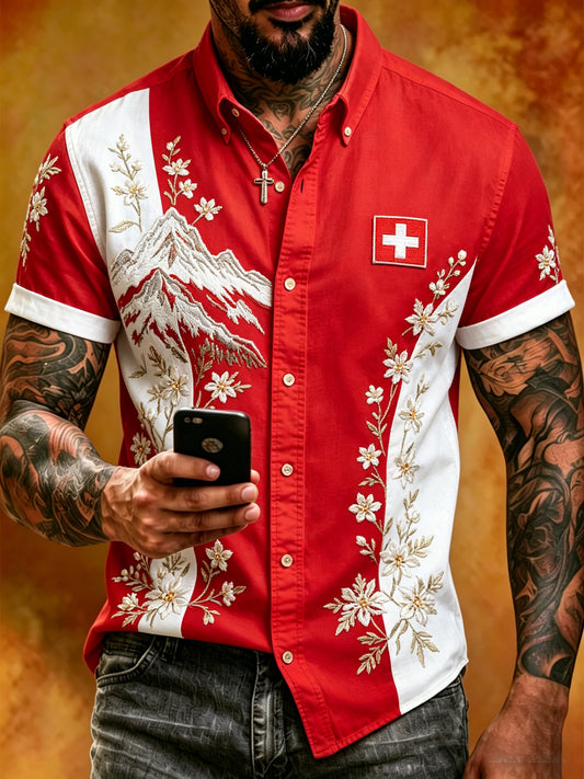 Men's Swiss Flag-Themed Alpine-Themed Short-Sleeved Shirt With Artistic Print