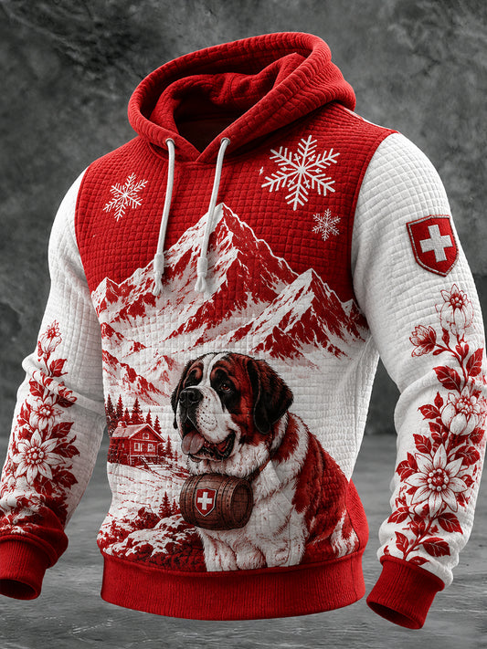 Men's Snow Mountain Print Waffle Textured Long-Sleeve Hooded Sweatshirt