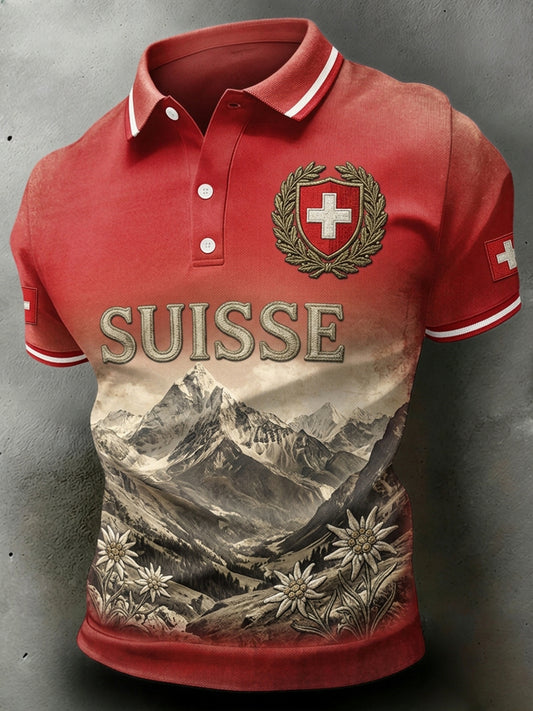 Men's Short-Sleeve Polo Shirt With Landscape And Floral Print