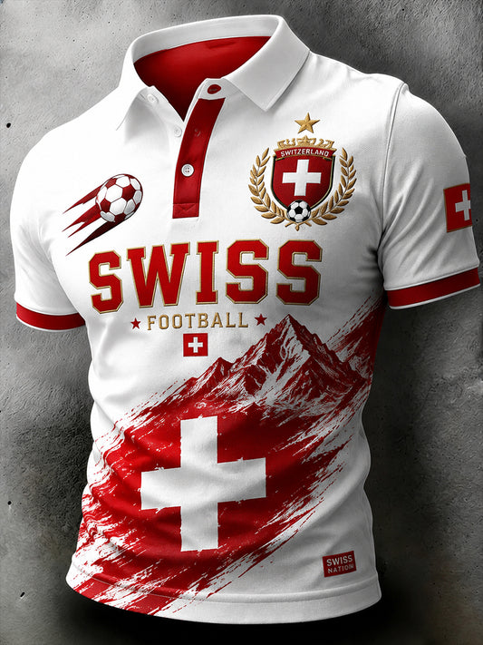Men's Short-Sleeve Waffle-Knit Polo Shirt With Football-Themed Print