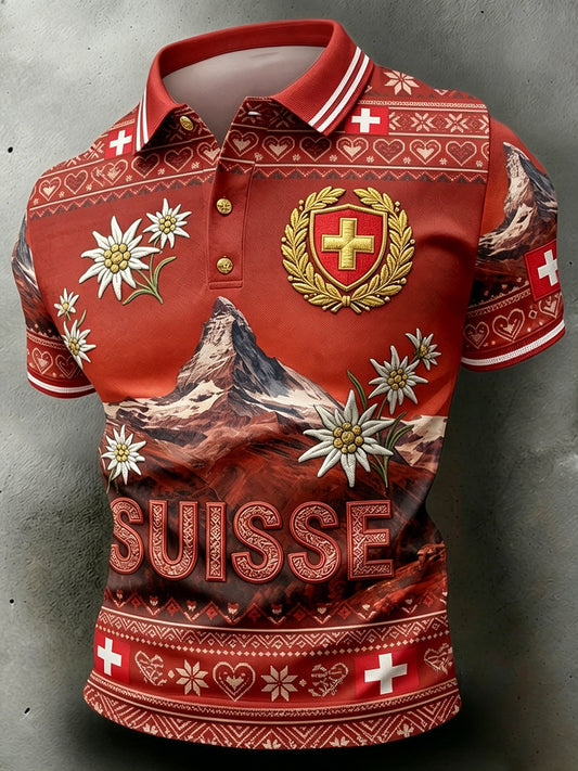 Men's Short-Sleeve Polo Shirt With Landscape And Floral Print