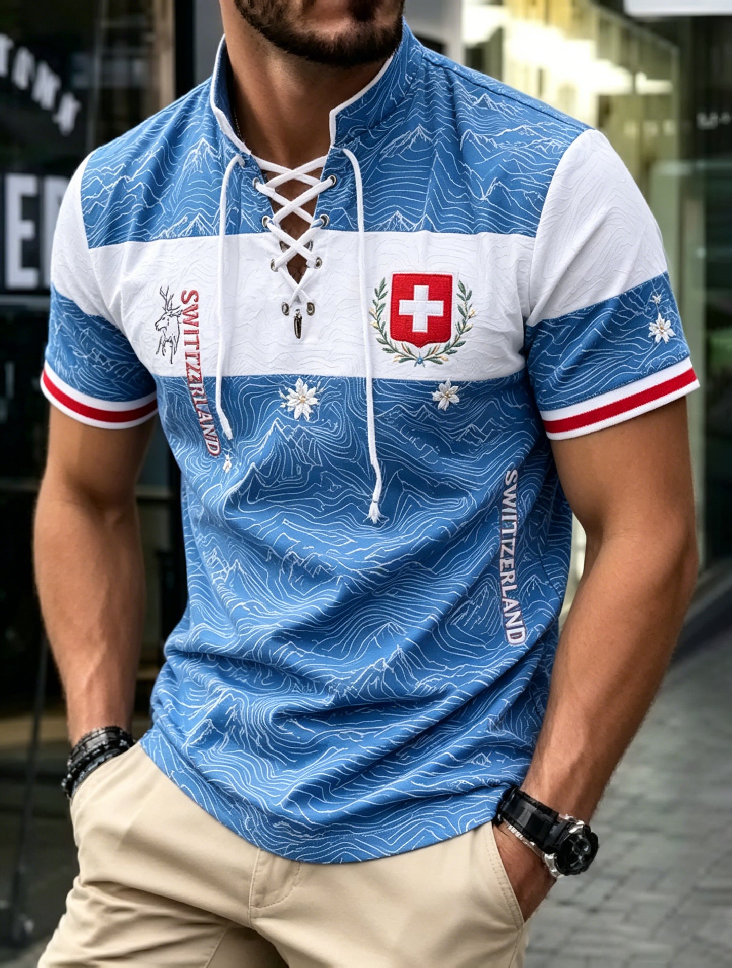 Men's Swiss Flag Color Scheme Mountain Element Art Print T-Shirt