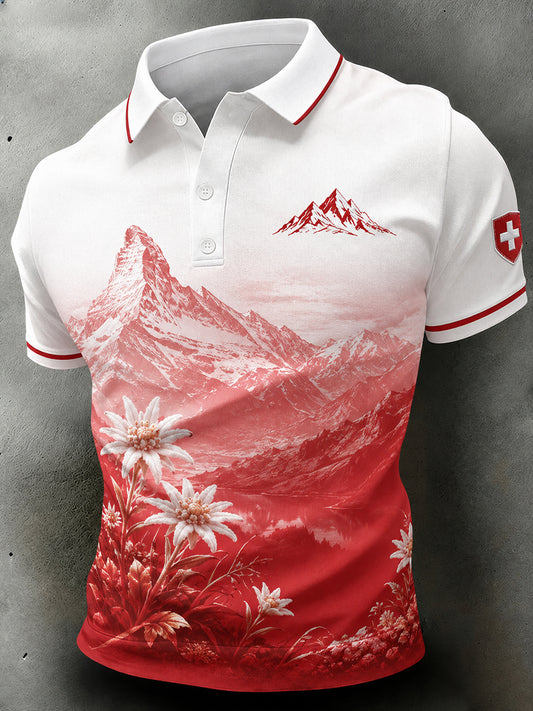 Men's Snow Mountain Floral Print Casual Short-Sleeve Polo Shirt
