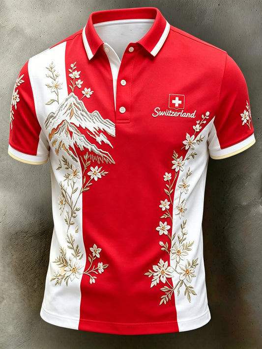 Men's Swiss Cartoon Cow Pattern Rural Culture Art Print Short-Sleeve Polo