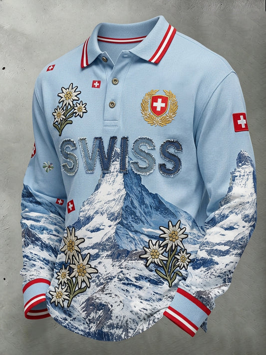Men's Long-Sleeve Polo Shirt With Landscape And Floral Print