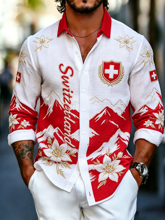 Men's Retro Scenic Art Print Casual Long-Sleeve Waffle Shirt