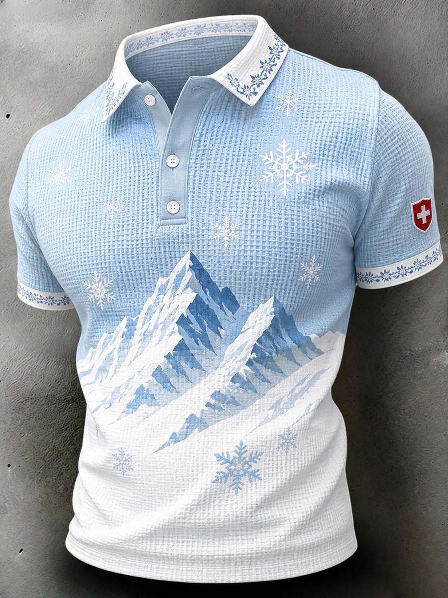Men's Snow Mountain Print Waffle Textured Short-Sleeve Polo Shirt