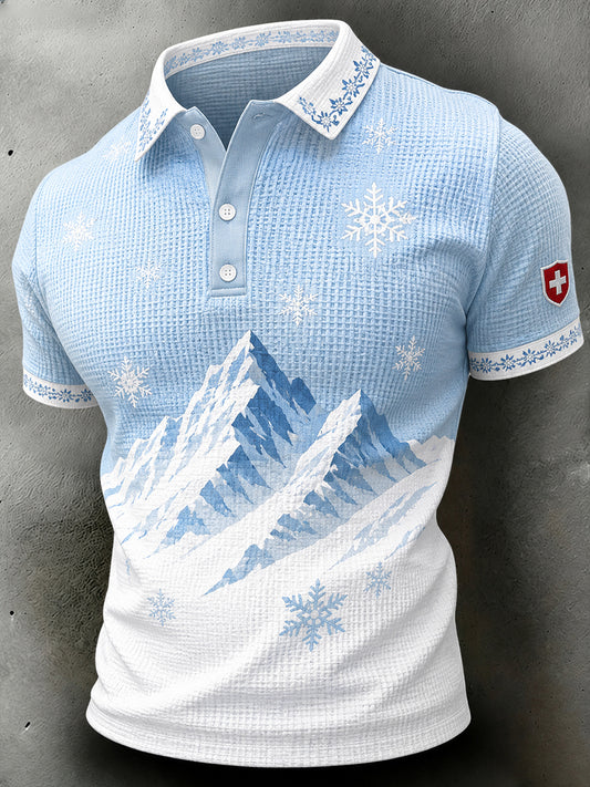 Men's Snow Mountain Print Waffle Textured Short-Sleeve Polo Shirt