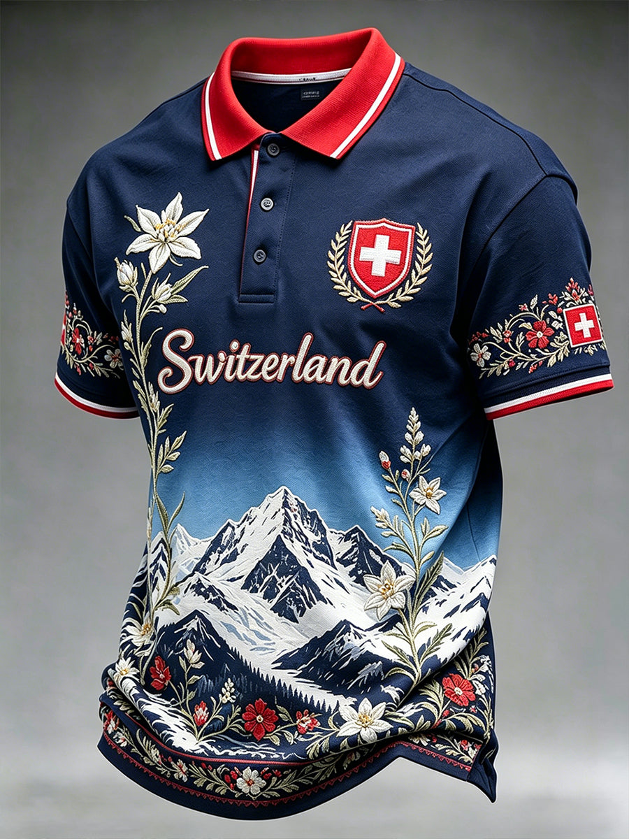 Men's Short-Sleeve Polo Shirt With Mountain And Floral Print