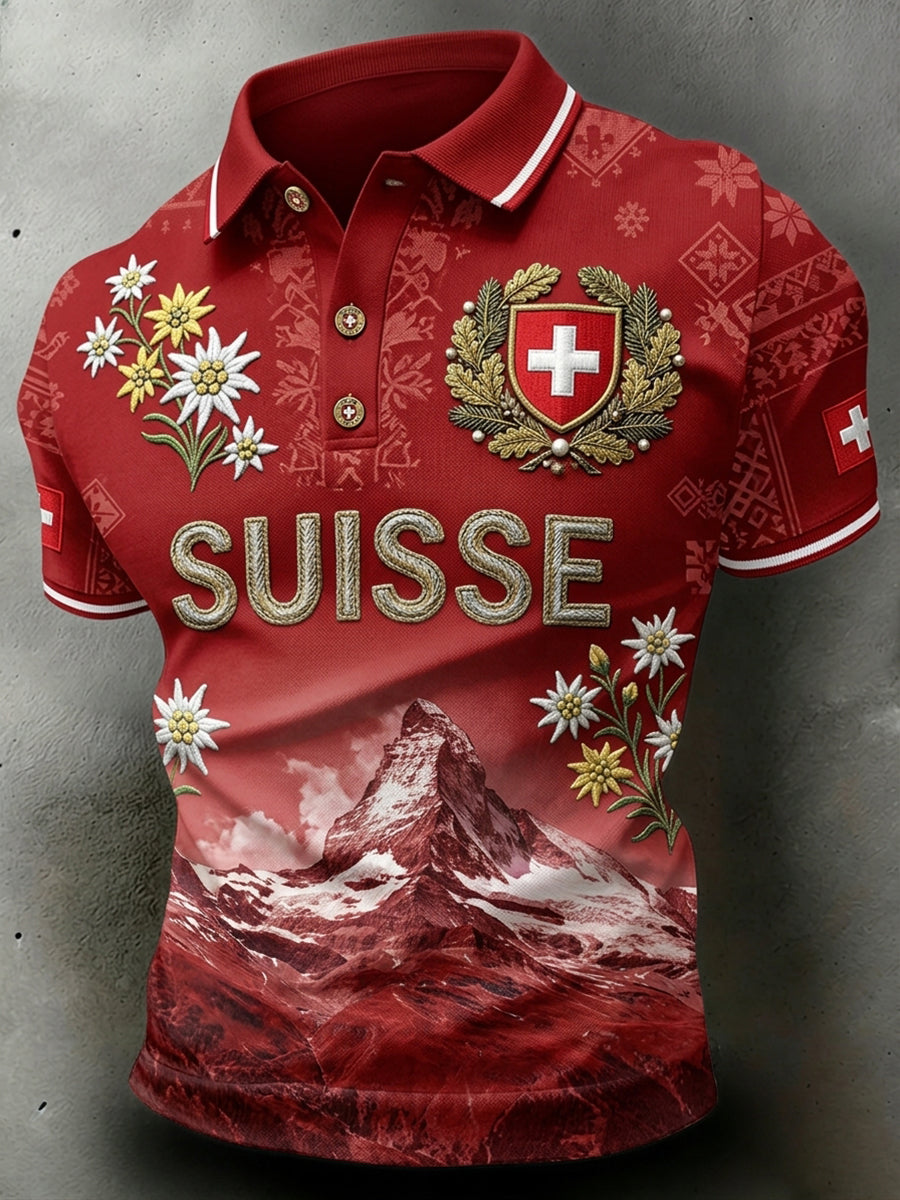 Men's Short-Sleeve Polo Shirt With Landscape And Floral Print