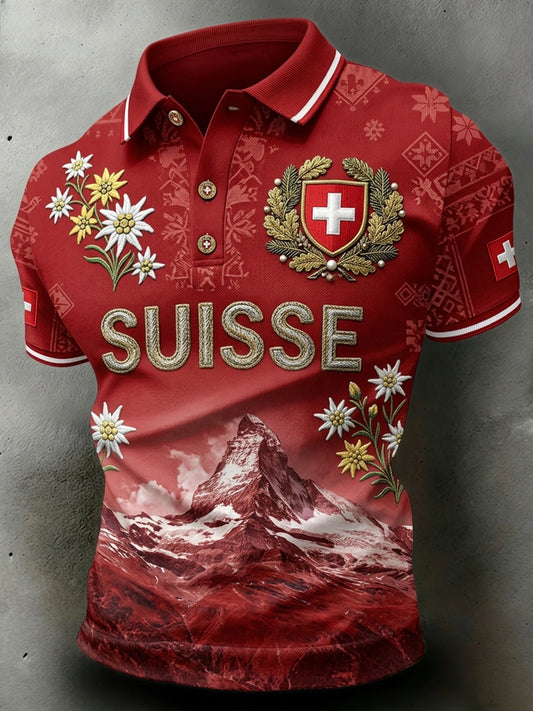 Men's Short-Sleeve Polo Shirt With Landscape And Floral Print