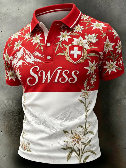 Men's Retro Swiss Football Fan Art Print Casual Polo Shirt