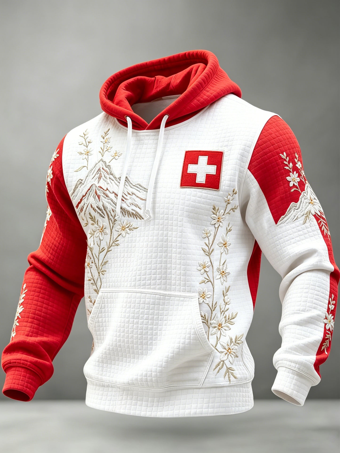 Men's Swiss Red And White Art Print Long-Sleeve Casual Sweatshirt