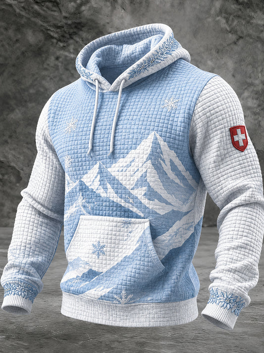 Men's Snow Mountain Print Waffle Textured Long-Sleeve Hooded Sweatshirt
