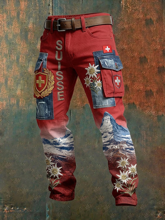Men's Cargo Pants With Landscape And Floral Prints