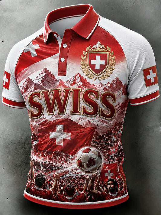 Men's Retro Short-Sleeve Polo Shirt With Artistic Football Print