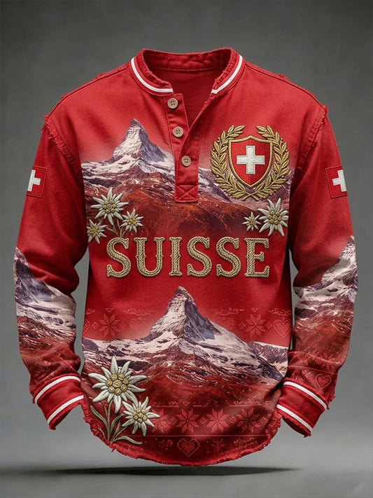Men's Long-Sleeve V-Neck Top With Landscape And Floral Print