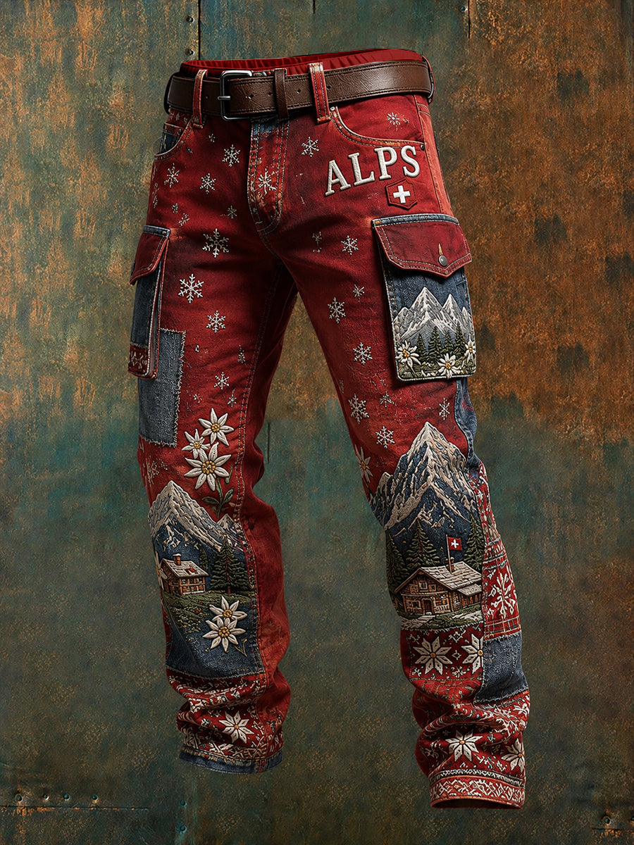Men's Snow Mountain Floral Patchwork Print Cargo Pants