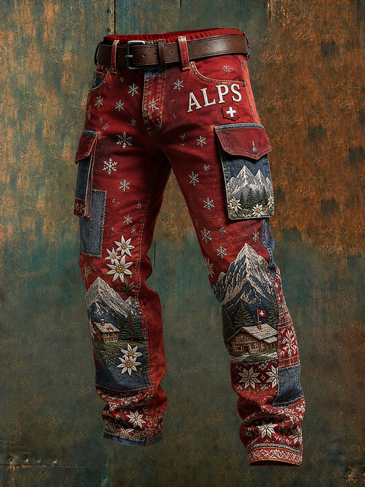 Men's Snow Mountain Floral Patchwork Print Cargo Pants