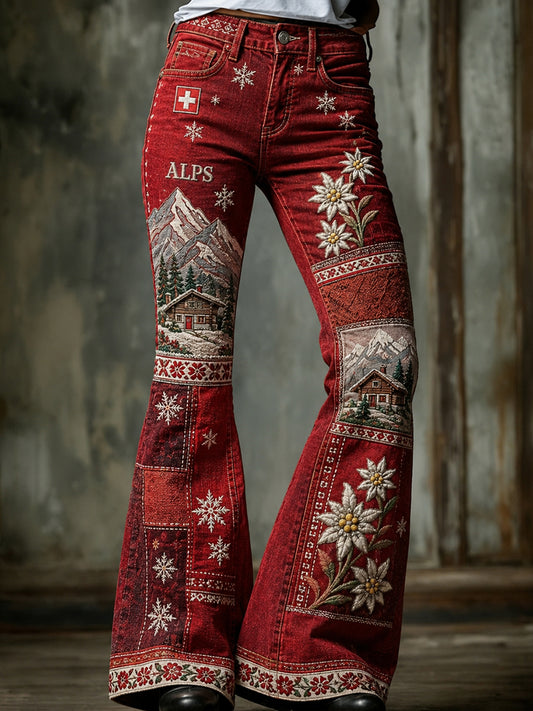 Women's Snow Mountain Floral Patchwork Print Flare Pants