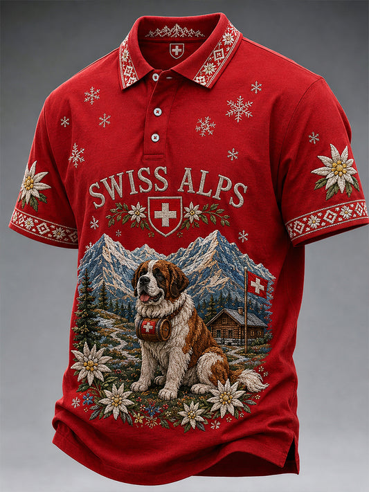 Men's Short-Sleeved Polo Shirt With Snow Mountain, Animal And Floral Print