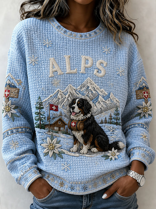 Women's Snow Mountain Animal And Floral Print Waffle Sweatshirt