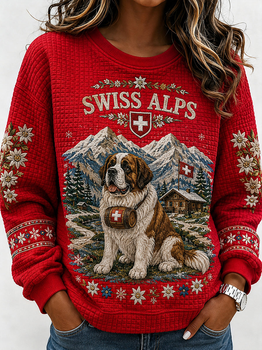 Women's Snow Mountain Animal And Floral Print Waffle Sweatshirt