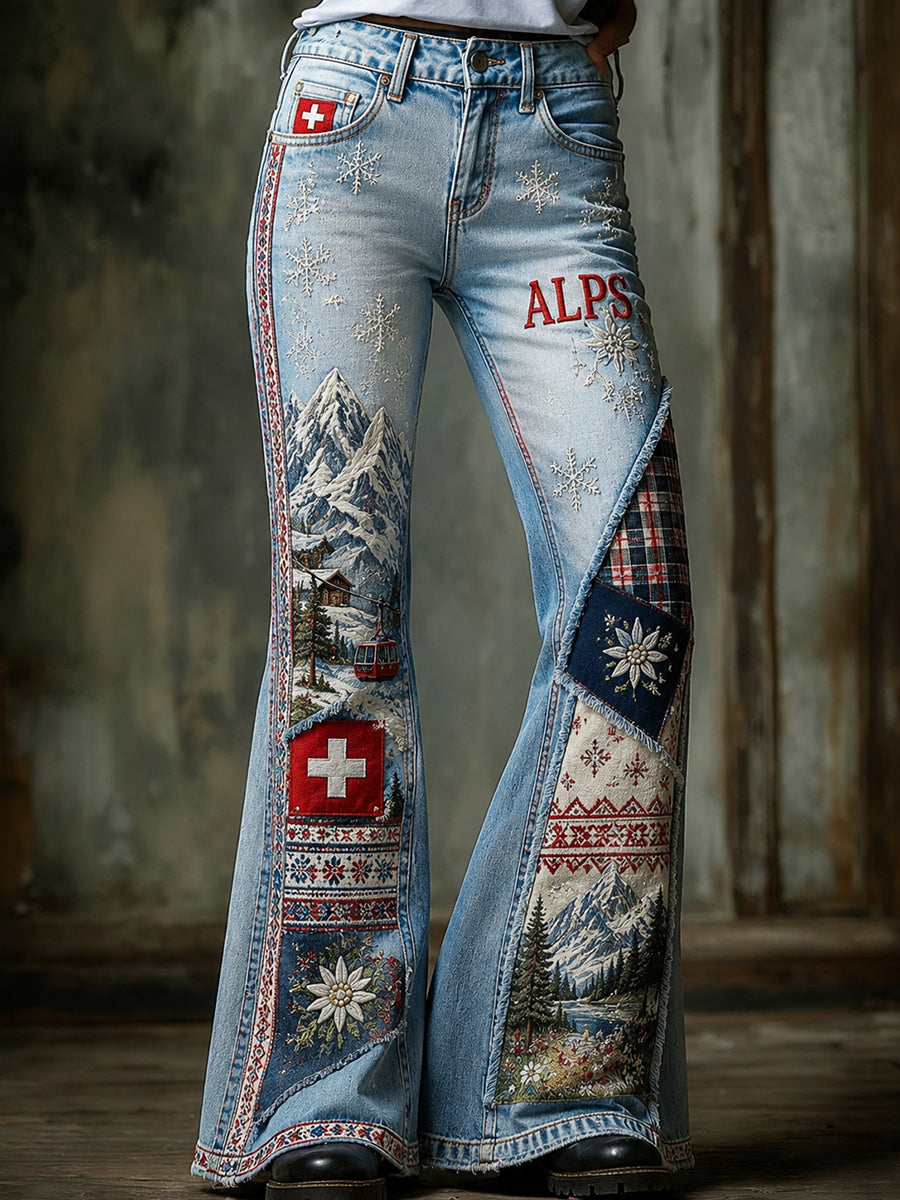 Women's Snow Mountain Floral Patchwork Print Flare Pants