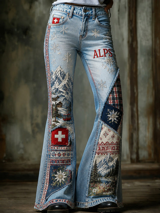Women's Snow Mountain Floral Patchwork Print Flare Pants