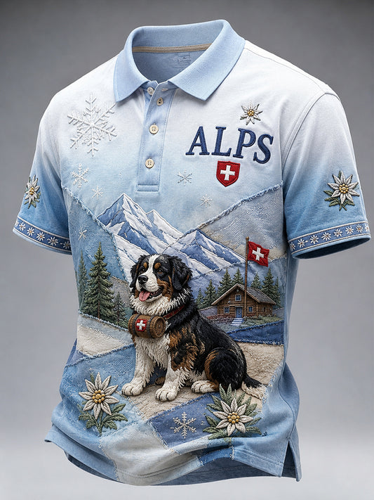 Men's Short-Sleeved Polo Shirt With Snow Mountain, Animal And Floral Print