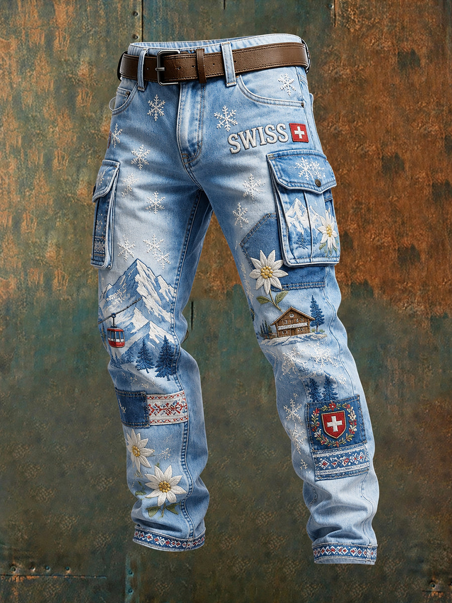 Men's Snow Mountain Floral Patchwork Print Cargo Pants