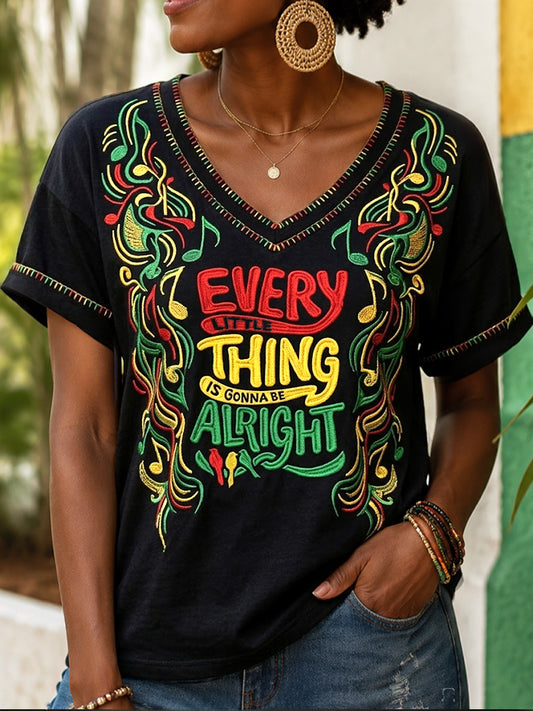 Women's Retro Every Little Thing Is Gonna Be Alright Casual V-Neck T-Shirt