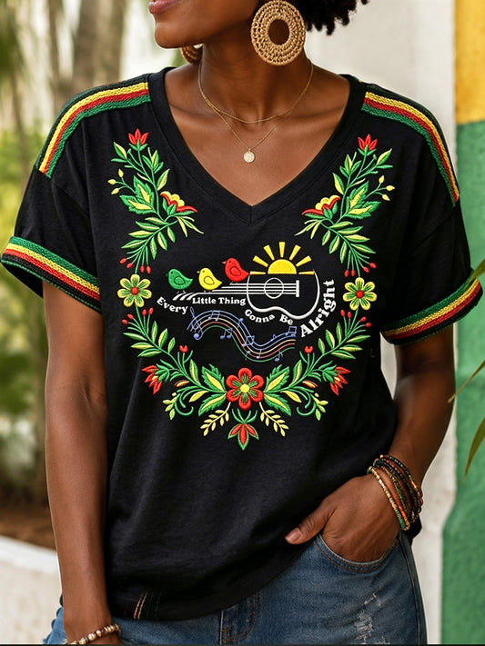 Women's Every Little Thing Is Gonna Be Alright Floral Casual V-Neck T-Shirt