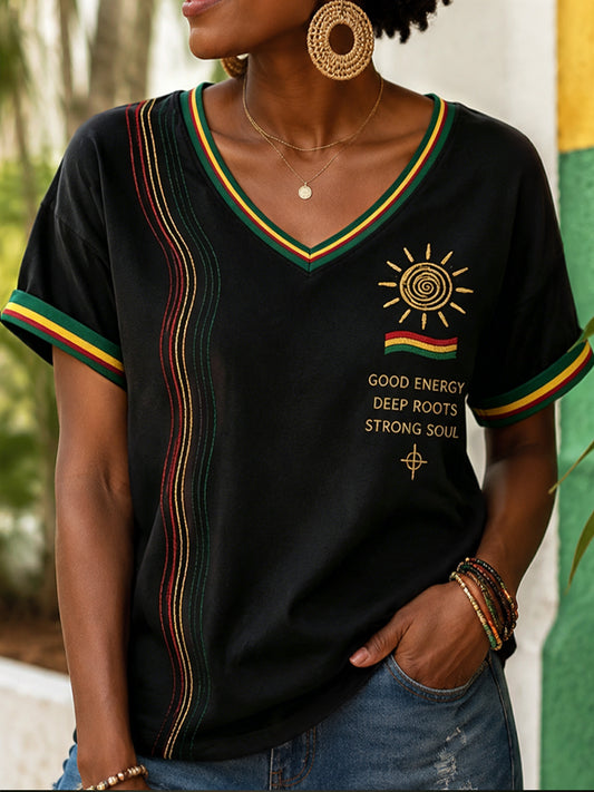 Women's Retro GOOD ENERGY Casual V-Neck T-Shirt