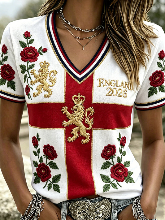 Women'sEngland Football Printed Casual V-neck T-shirt